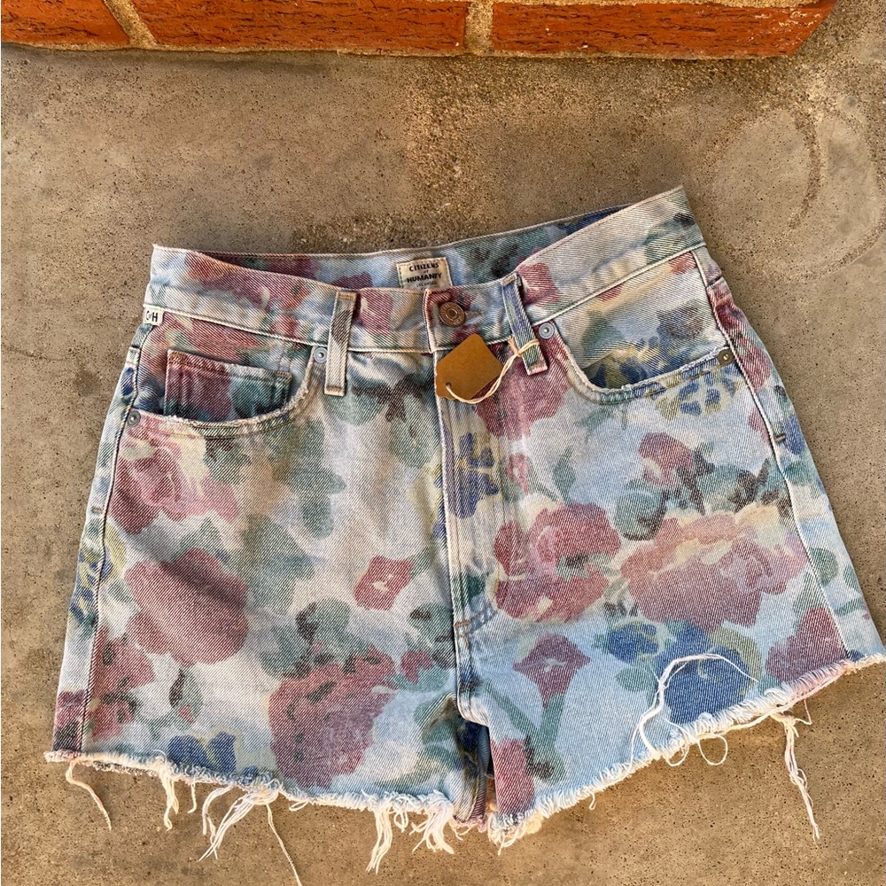 Citizens Of Humanity Blue and Pink Jean Shorts with Watercolor Print